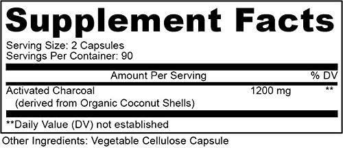 PURELY beneficial Activated Coconut Charcoal 1200mg – Vegan Digestive Support Supplement – 180 Capsules