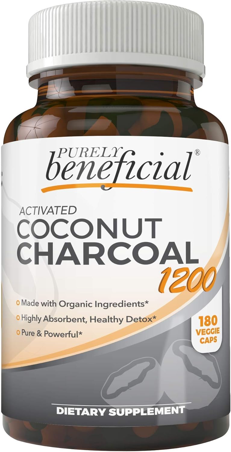 PURELY beneficial Activated Coconut Charcoal 1200mg – Vegan Digestive Support Supplement – 180 Capsules