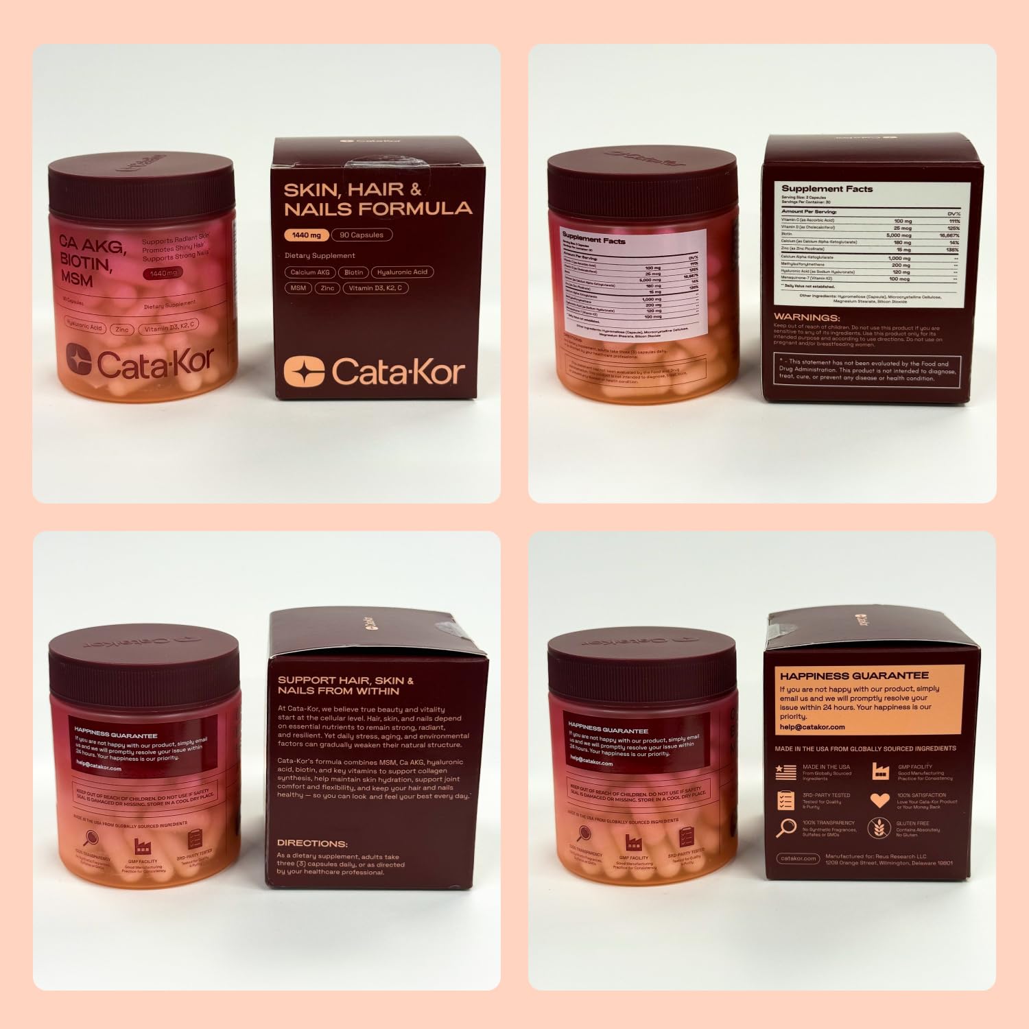 Cata-Kor Hair, Skin & Nails Vitamins for Women with Biotin, Collagen, MSM & Vitamins D3, K2, C – 30 Day Supply