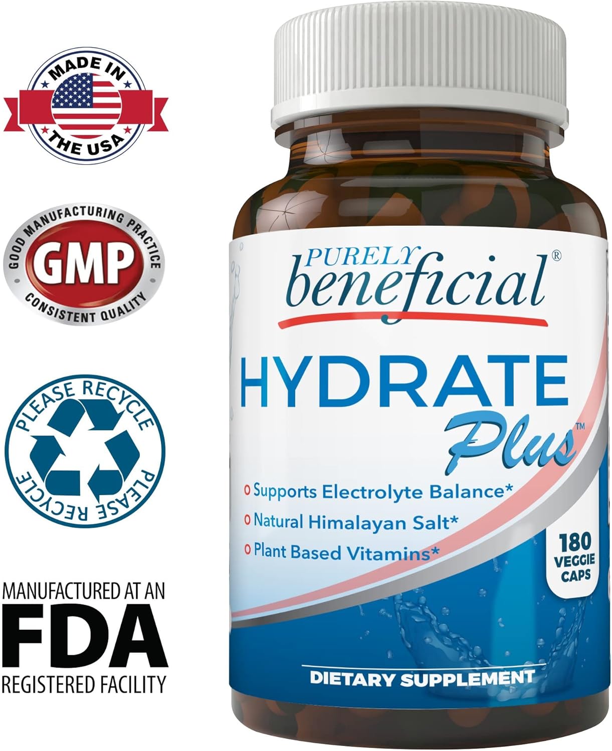 PURELY Beneficial Hydrate Plus Electrolyte Capsules with Himalayan Salt – Hydration Support – 180 Capsules