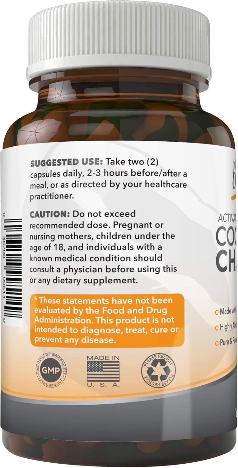 PURELY beneficial Activated Coconut Charcoal 1200mg – Vegan Digestive Support Supplement – 180 Capsules