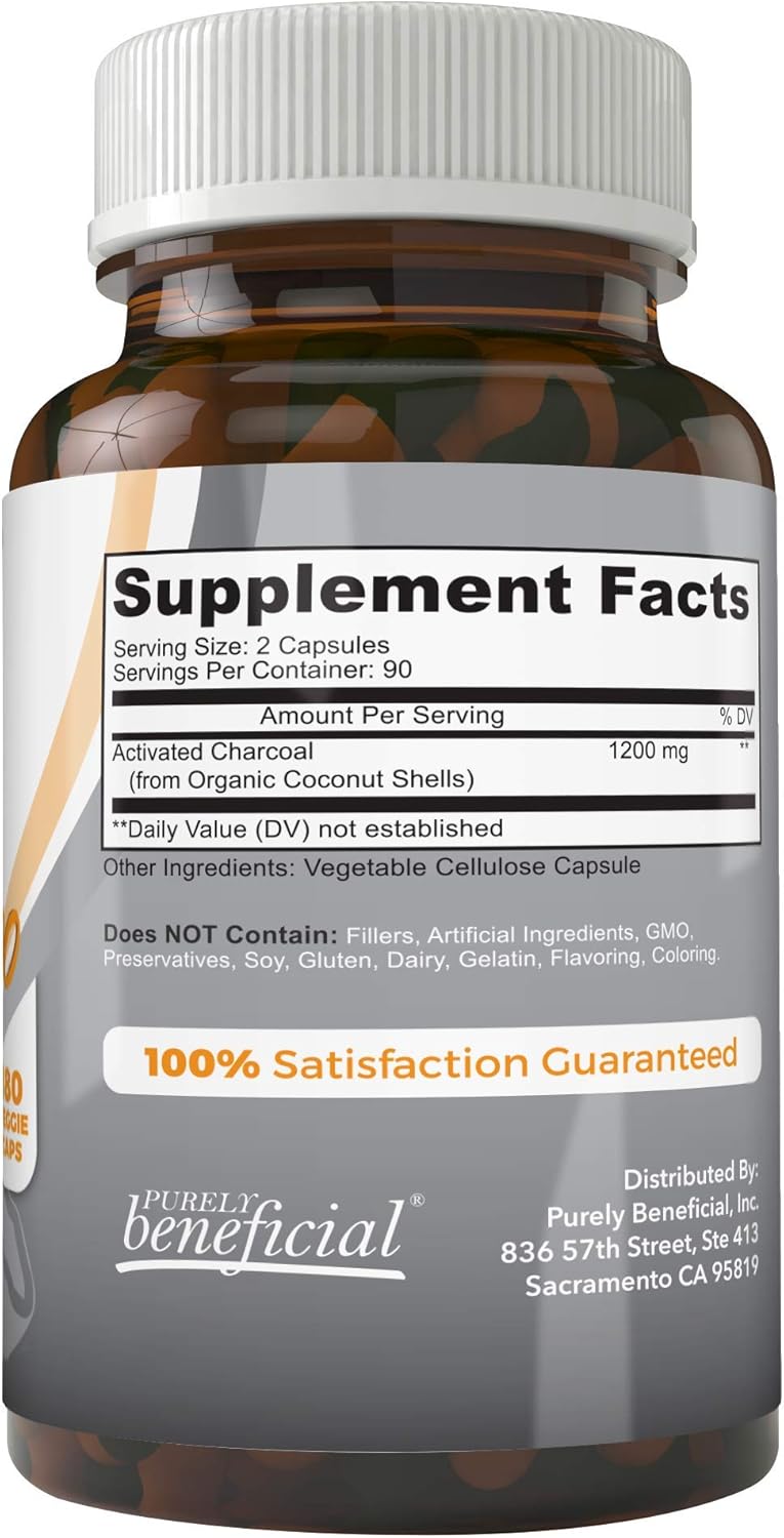 PURELY beneficial Activated Coconut Charcoal 1200mg – Vegan Digestive Support Supplement – 180 Capsules