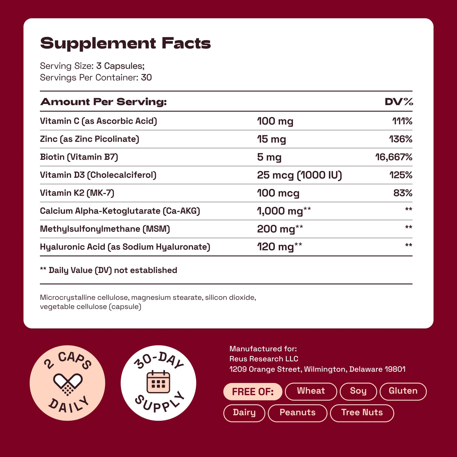 Cata-Kor Hair, Skin & Nails Vitamins for Women with Biotin, Collagen, MSM & Vitamins D3, K2, C – 30 Day Supply