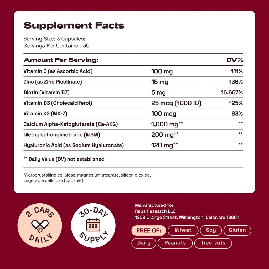 Cata-Kor Hair, Skin & Nails Vitamins for Women with Biotin, Collagen, MSM & Vitamins D3, K2, C – 30 Day Supply