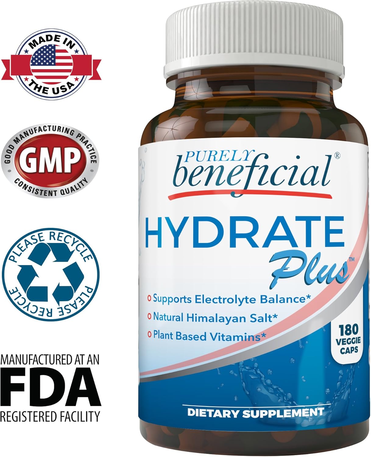 PURELY Beneficial Hydrate Plus Electrolyte Capsules with Himalayan Salt – Hydration Support – 180 Capsules