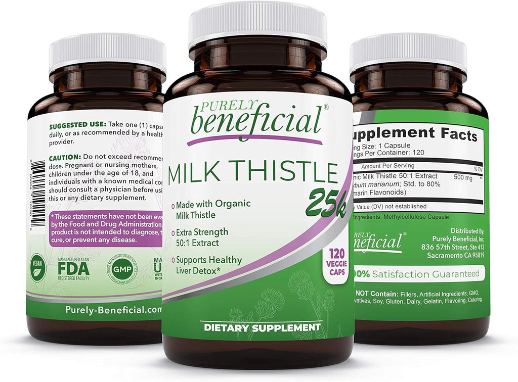 PURELY beneficial Organic Milk Thistle Capsules, 50:1 Milk Thistle Extract, Liver Cleanse & Antioxidant Support, 120 Veg Capsules, Vegan & Non-GMO