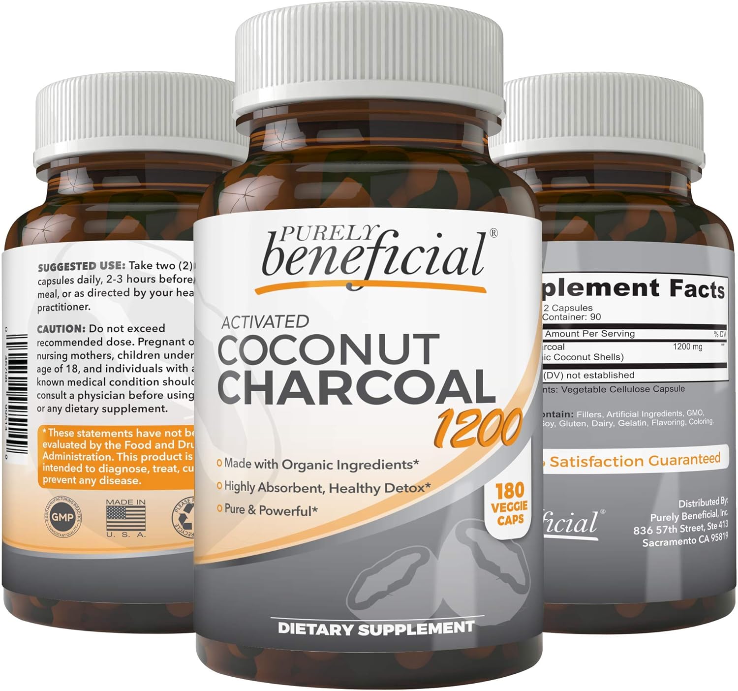 PURELY beneficial Activated Coconut Charcoal 1200mg – Vegan Digestive Support Supplement – 180 Capsules