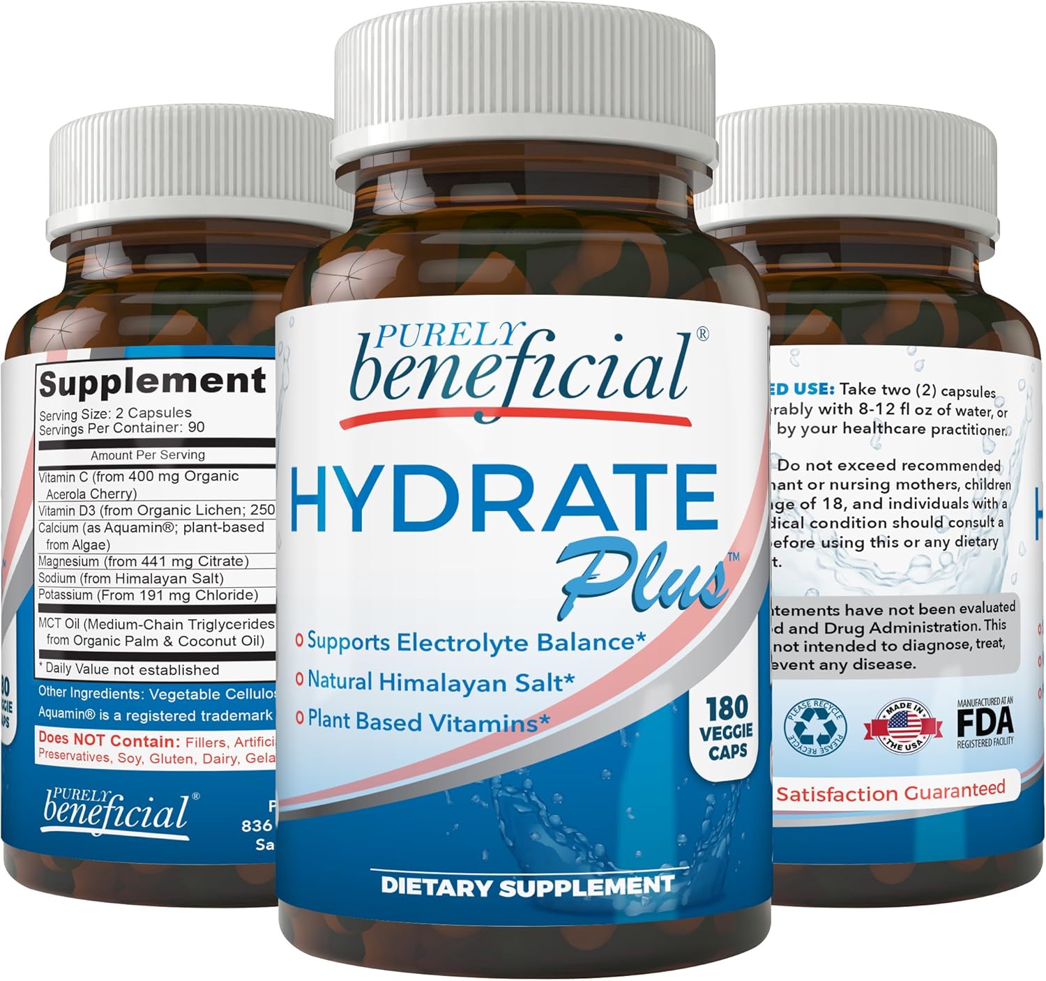 PURELY Beneficial Hydrate Plus Electrolyte Capsules with Himalayan Salt – Hydration Support – 180 Capsules